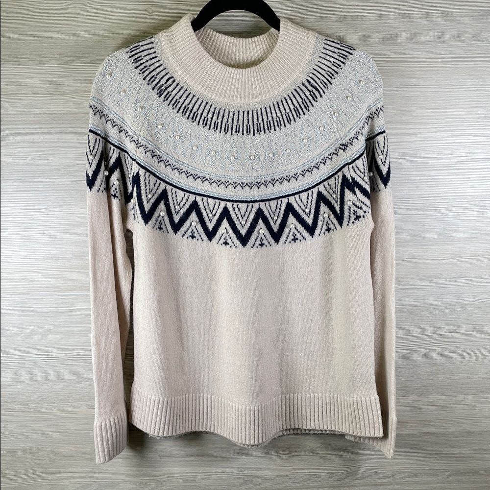 Cocobleu Fair Isle Pearl Embellished Cream and Blue Silver Sweater | Medium